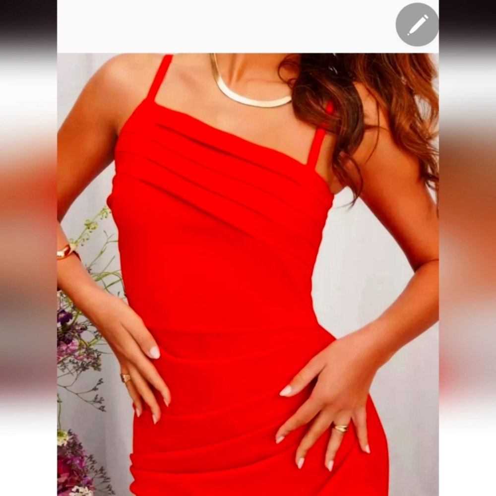 Lavish Alice Asymmetric Pleated Midi Dress Coral Red size 2